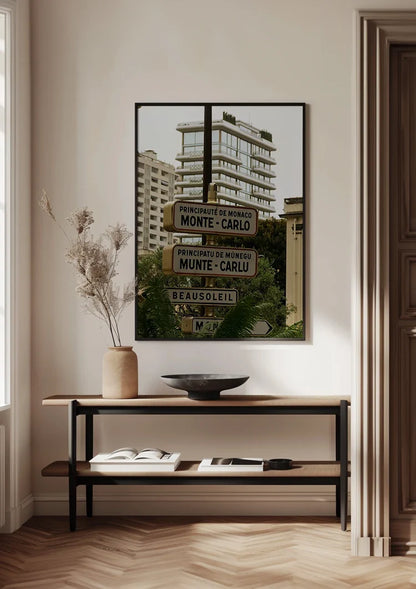 Monte Carlo Monaco Straatnaamborden Palmbomen Kustgebouwen Schilderij
