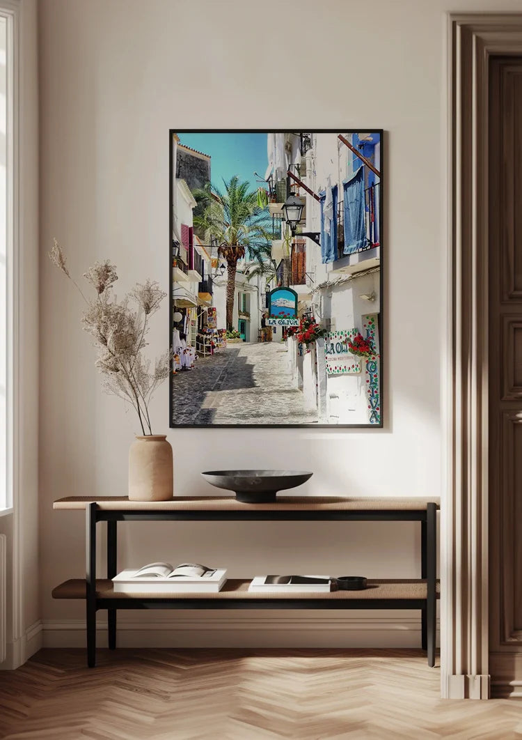 Mediterranean Alley White Facades Blue Shutters Palm Tree Sunny Painting