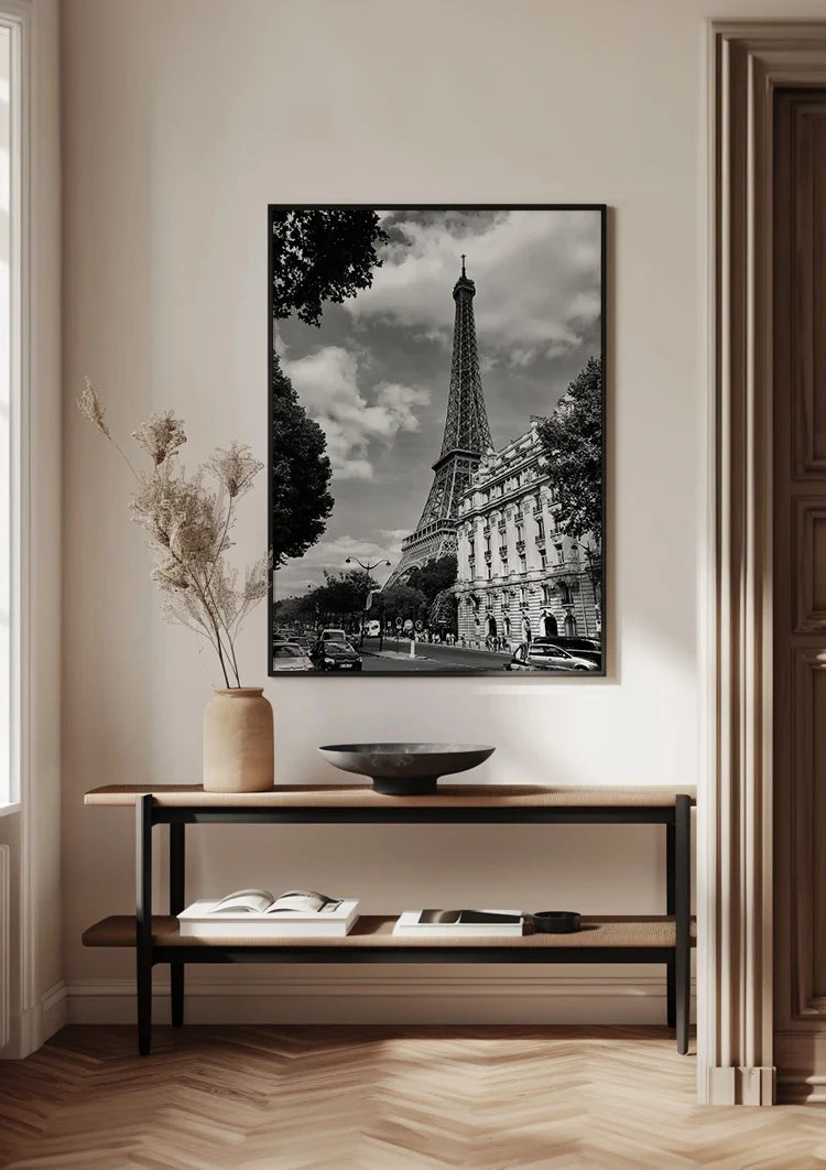 Eiffelturm Paris Straße Klassische Gebäude Schwarz-Weiß Vintage Gemälde