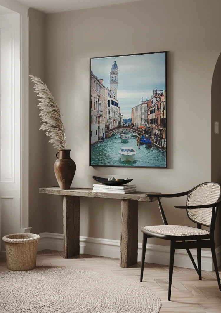 Venezianischer Kanal Brücke Glockenturm Boote Stadtansicht Gemälde