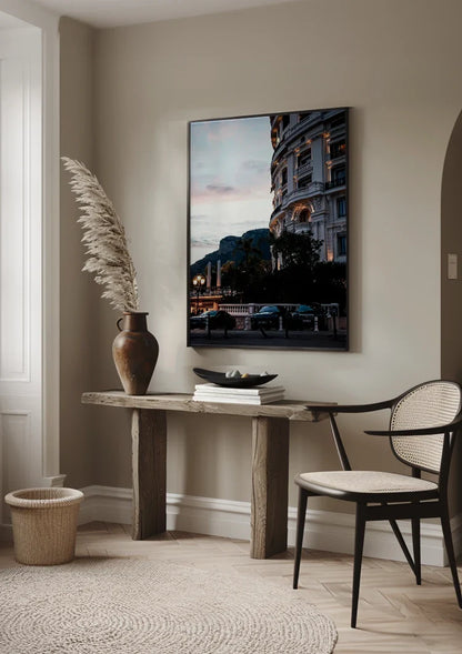 Hotel de Paris Monaco Schemering Verlichte Gevel Palmbomen Elegante Architectuur Schilderij