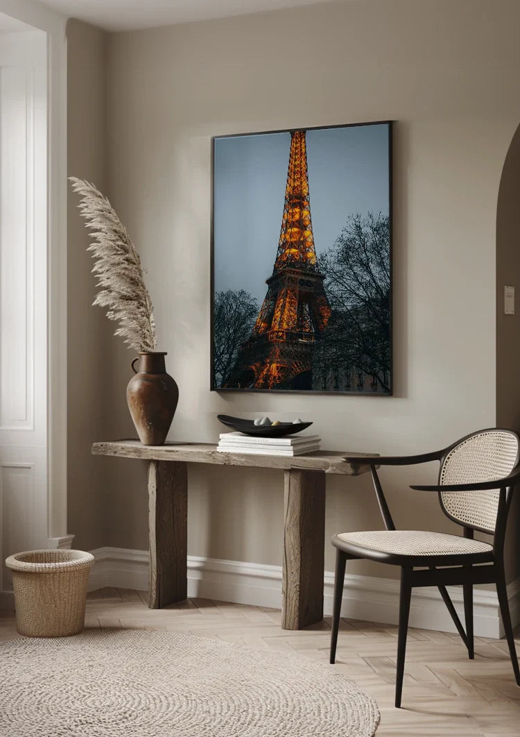 Illuminated Eiffel Tower Paris Golden Lights Blue Evening Sky Bare Trees Painting