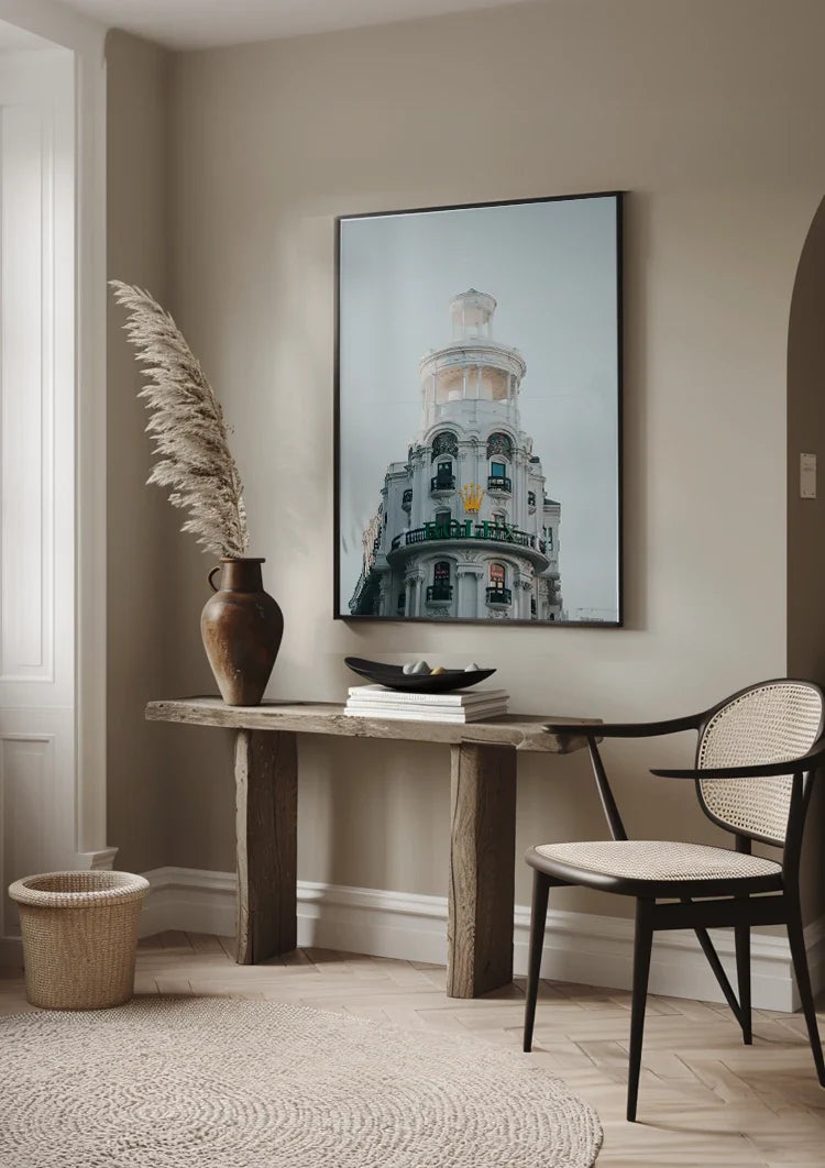 White Ornamental Building Cylindrical Tower Green Balconies Gran Via Madrid Architecture Painting