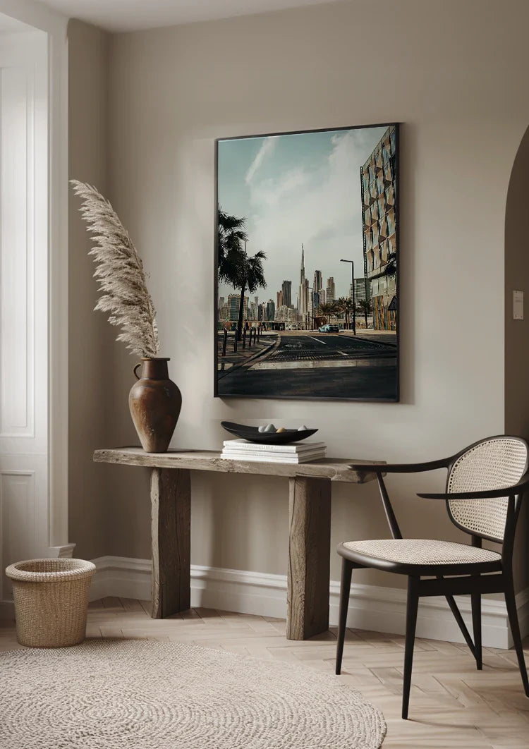 Dubai Skyline Burj Khalifa Palm Trees Empty Street Modern Architecture Painting