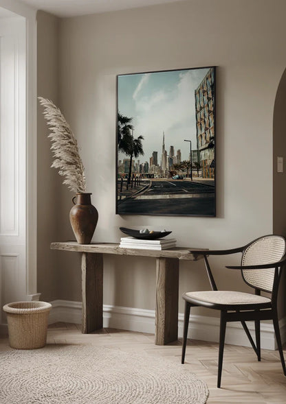 Dubai Skyline Burj Khalifa Palm Trees Empty Street Modern Architecture Painting