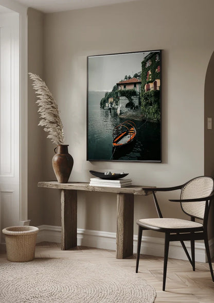 Orange Rowboat Lake Como Italian Villa Ivy Cloudy Sky Painting