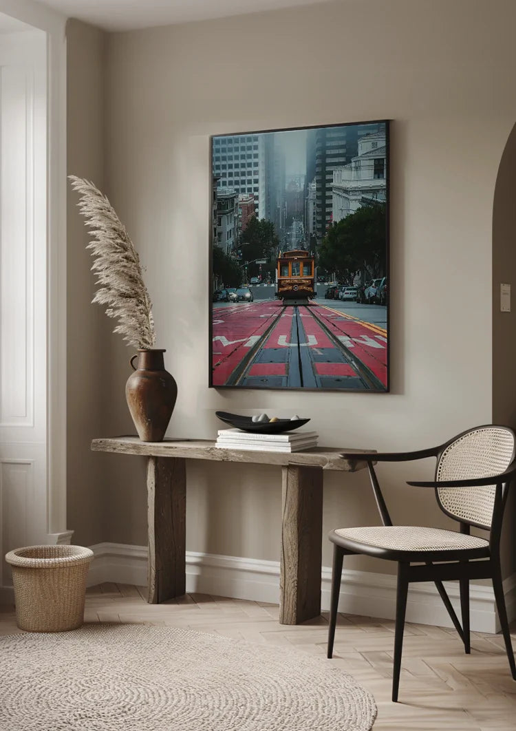 Gele Kabeltram San Francisco Mistige Straat Stadsgezicht Sfeervolle Fotografie Schilderij