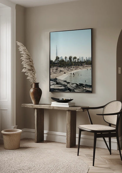 Dubai Beach Skyline Burj Khalifa Palm Trees People Waterfront Painting