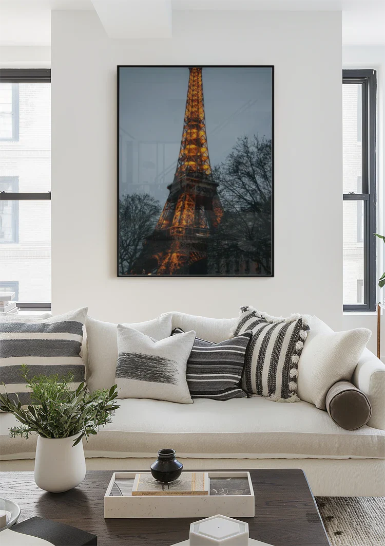 Illuminated Eiffel Tower Paris Golden Lights Blue Evening Sky Bare Trees Painting