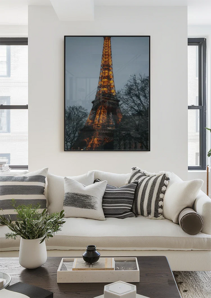 Illuminated Eiffel Tower Paris Golden Lights Blue Evening Sky Bare Trees Painting