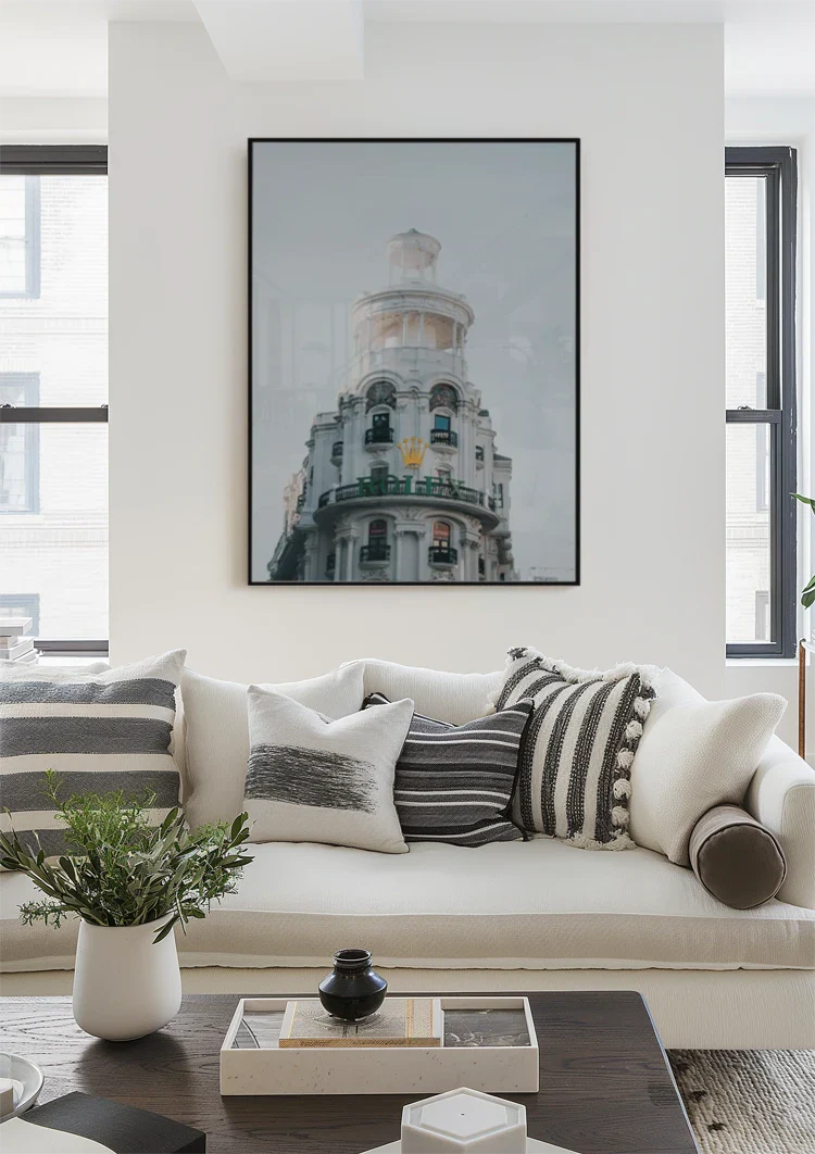 White Ornamental Building Cylindrical Tower Green Balconies Gran Via Madrid Architecture Painting