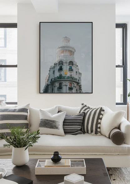 White Ornamental Building Cylindrical Tower Green Balconies Gran Via Madrid Architecture Painting
