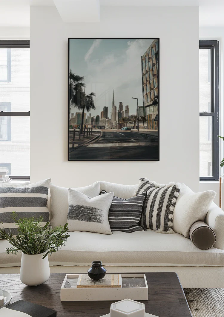 Dubai Skyline Burj Khalifa Palm Trees Empty Street Modern Architecture Painting