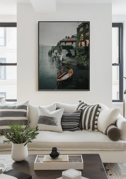 Orange Rowboat Lake Como Italian Villa Ivy Cloudy Sky Painting