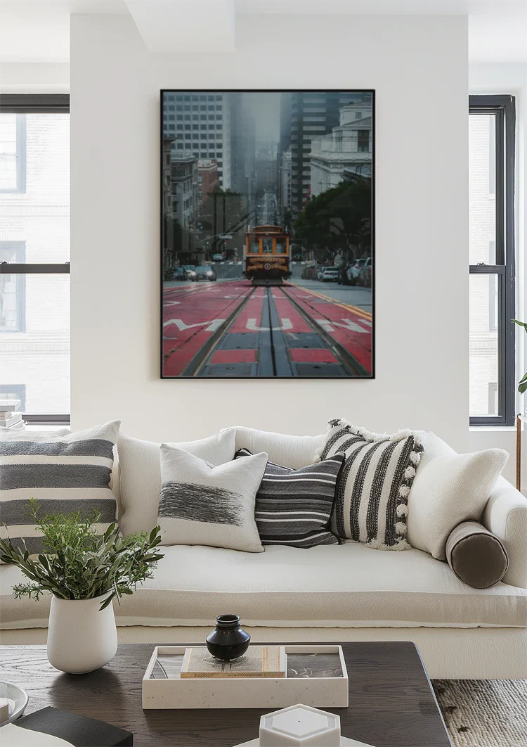 Gele Kabeltram San Francisco Mistige Straat Stadsgezicht Sfeervolle Fotografie Schilderij