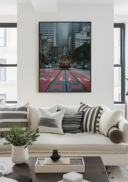 Gele Kabeltram San Francisco Mistige Straat Stadsgezicht Sfeervolle Fotografie Schilderij