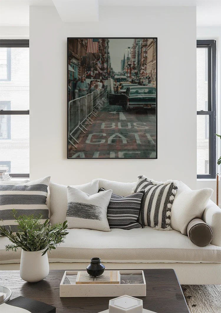 Retro American Street Vintage Car Flag Busy City Nostalgic Painting