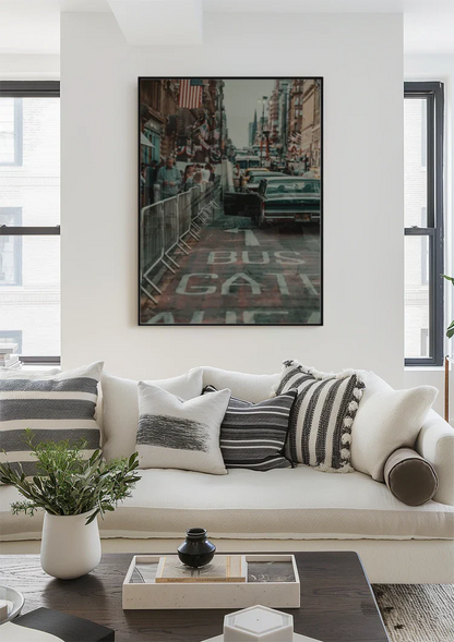 Retro American Street Vintage Car Flag Busy City Nostalgic Painting