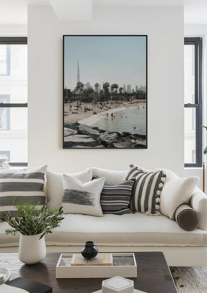 Dubai Beach Skyline Burj Khalifa Palm Trees People Waterfront Painting