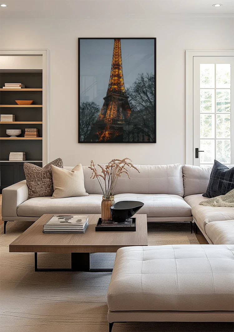 Illuminated Eiffel Tower Paris Golden Lights Blue Evening Sky Bare Trees Painting