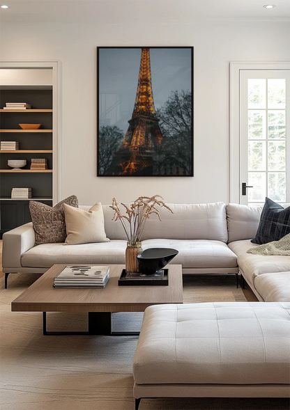 Illuminated Eiffel Tower Paris Golden Lights Blue Evening Sky Bare Trees Painting
