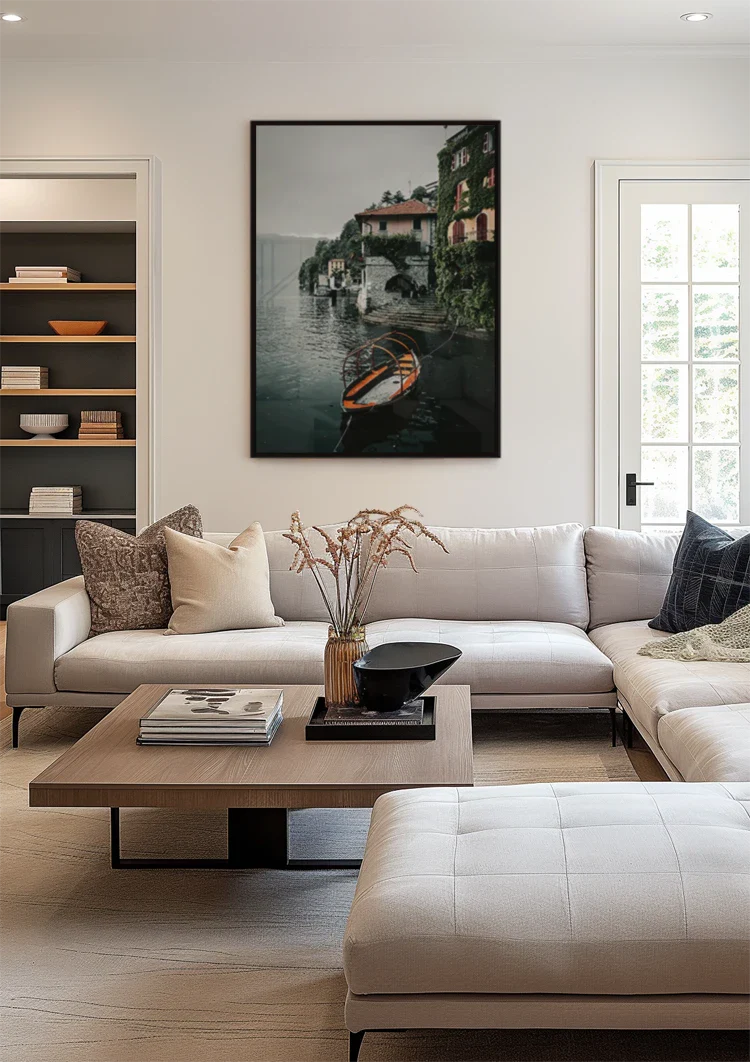 Orange Rowboat Lake Como Italian Villa Ivy Cloudy Sky Painting