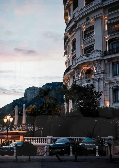 Hotel de Paris Monaco Schemering Verlichte Gevel Palmbomen Elegante Architectuur Schilderij