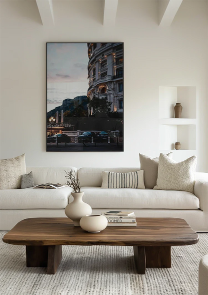 Hotel de Paris Monaco Schemering Verlichte Gevel Palmbomen Elegante Architectuur Schilderij