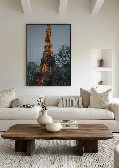 Illuminated Eiffel Tower Paris Golden Lights Blue Evening Sky Bare Trees Painting