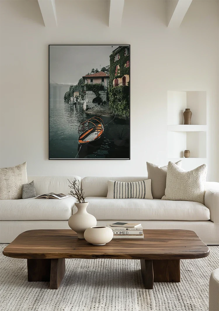 Orange Rowboat Lake Como Italian Villa Ivy Cloudy Sky Painting