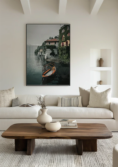 Orange Rowboat Lake Como Italian Villa Ivy Cloudy Sky Painting