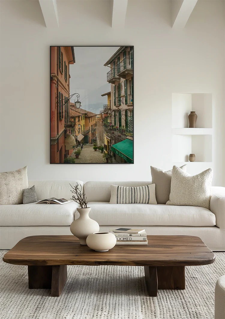 Narrow Italian Street Lake Como Colorful Buildings Balconies Lanterns Painting