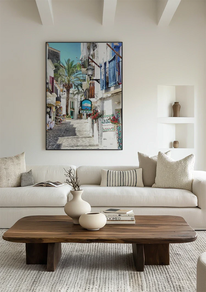 Mediterranean Alley White Facades Blue Shutters Palm Tree Sunny Painting