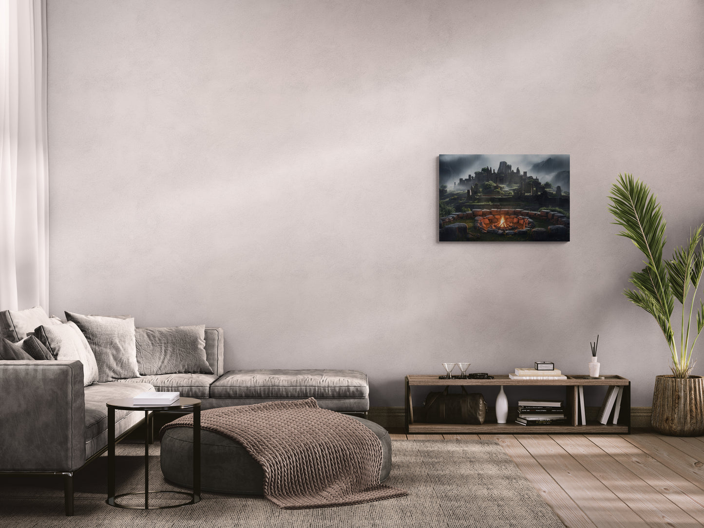 Oude stenen ruïnes met kampvuur in mistige bergen - Canvas wandkunst