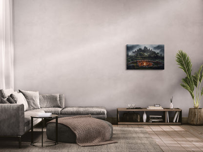 Oude stenen ruïnes met kampvuur in mistige bergen - Canvas wandkunst
