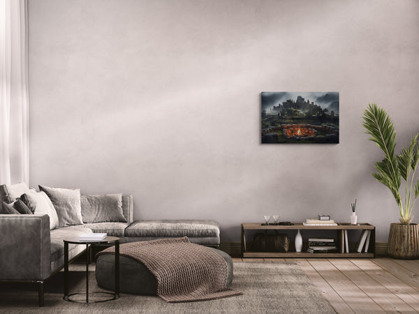 Alte Steinruinen mit Lagerfeuer – Mystische Berglandschaft als Wanddekoration