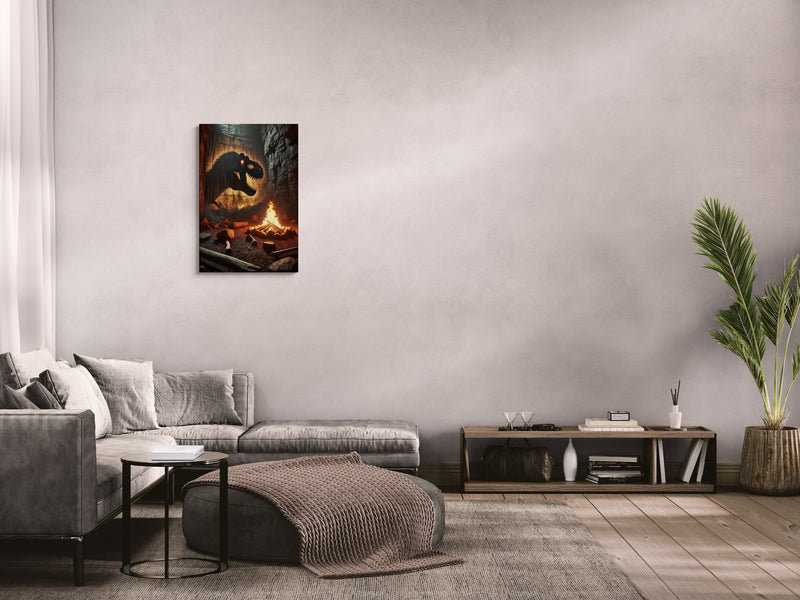 Dinosaurusschaduw met kampvuur in rotsgrot - Canvas wandkunst