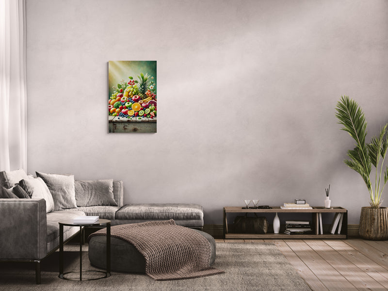 Kleurrijk fruitstilleven met rustieke houten tafel - Canvas wandkunst