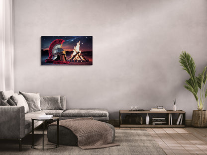 Romeinse helm bij Campfire - Historische nachtscène op canvas