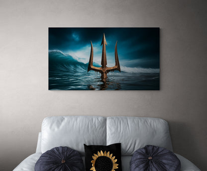 Oceaan drietand die uit het water opduikt met stormachtige lucht - Canvas wandkunst