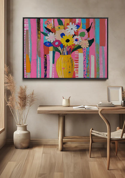 Bunte Blumen Gelbe Vase Gestreifter Hintergrund Volkskunst Gemälde