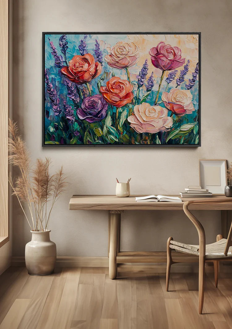 Kleurrijke Rozen en Lavendel Impressionistisch Bloementuin Schilderij