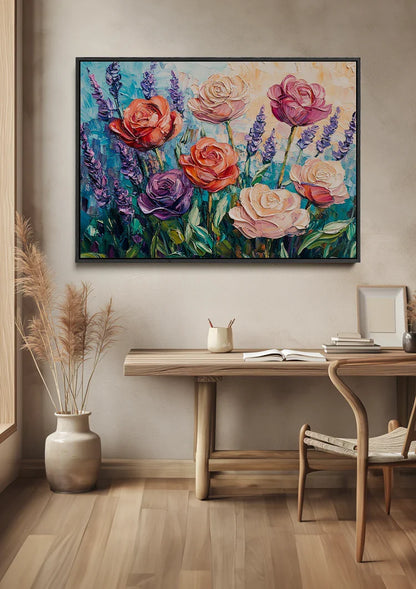 Kleurrijke Rozen en Lavendel Impressionistisch Bloementuin Schilderij