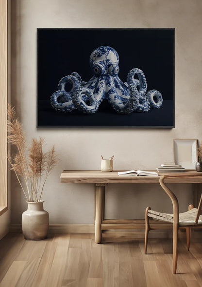 Delft-Blauer Oktopus auf schwarzem Hintergrund Gemälde