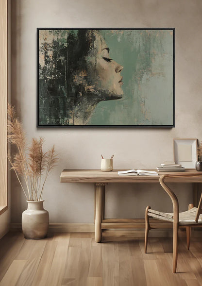 Female Profile Green Hues Abstract Dreamy Portrait Painting