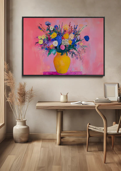 Bunter Blumenstrauß in Vase Rosa Hintergrund Fröhliches Gemälde