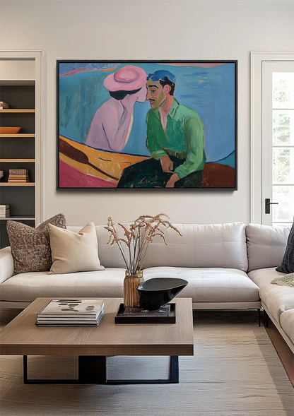 Woman Pink Hat Man Green Expressive Figurative Painting