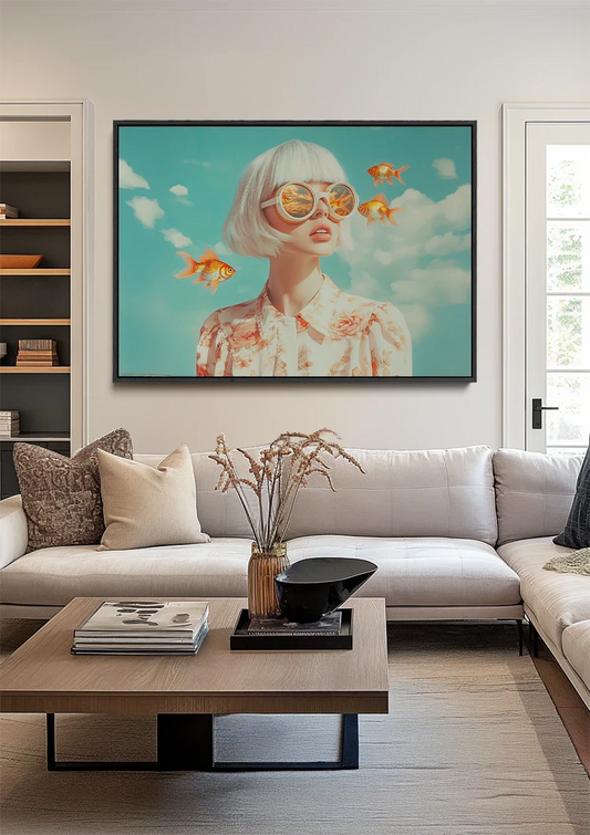 Frau mit Sonnenbrille und Goldfischen Surrealistisches Traumhaftes Porträt Gemälde