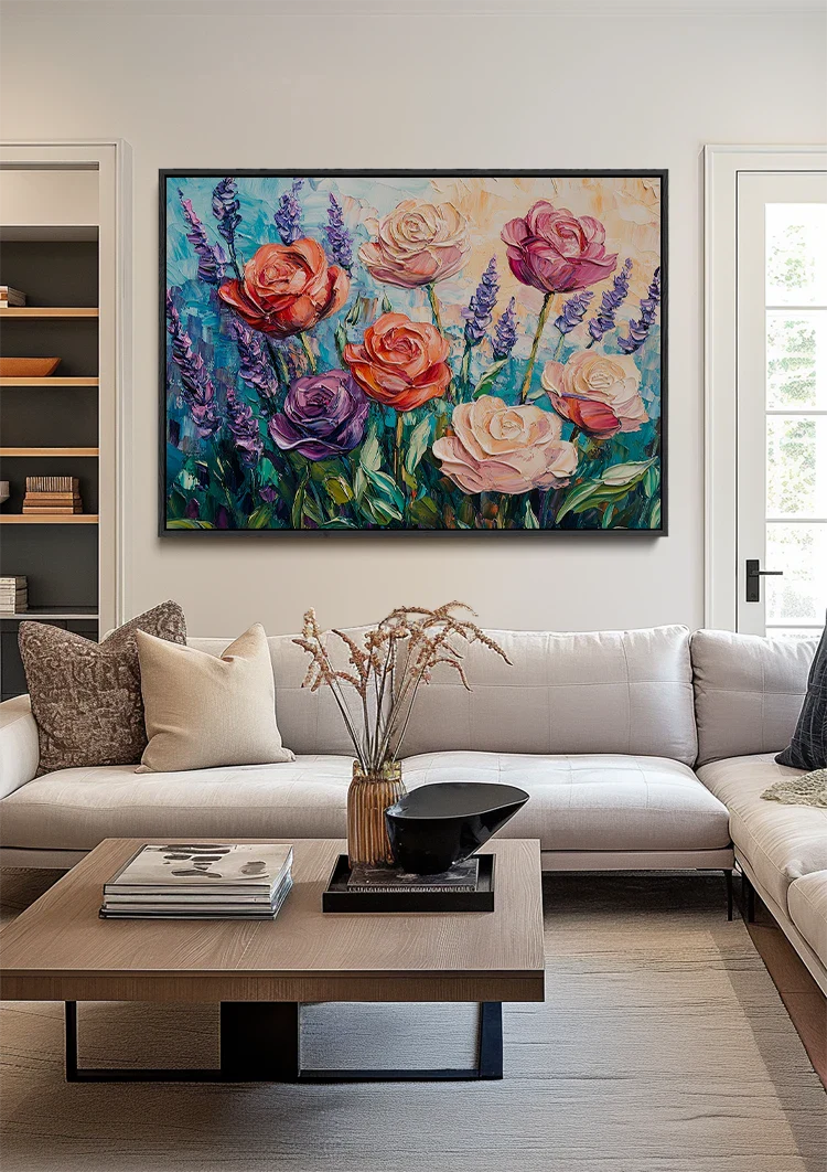 Kleurrijke Rozen en Lavendel Impressionistisch Bloementuin Schilderij
