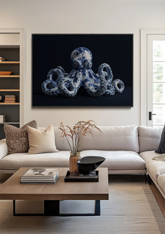 Delfts blauwe octopus canvas schilderij aan de muur in de hal